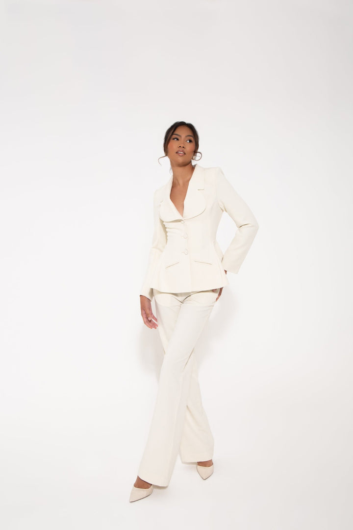 Hassana - Peplum luxurious Structured Crepe Blazer- In Off White